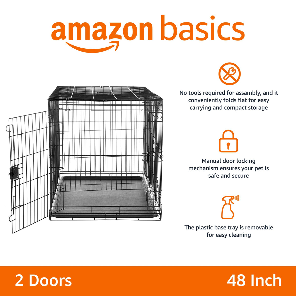 Portable Metal Wire Dog Crate, Double Door with Removable Tray, Black I195394