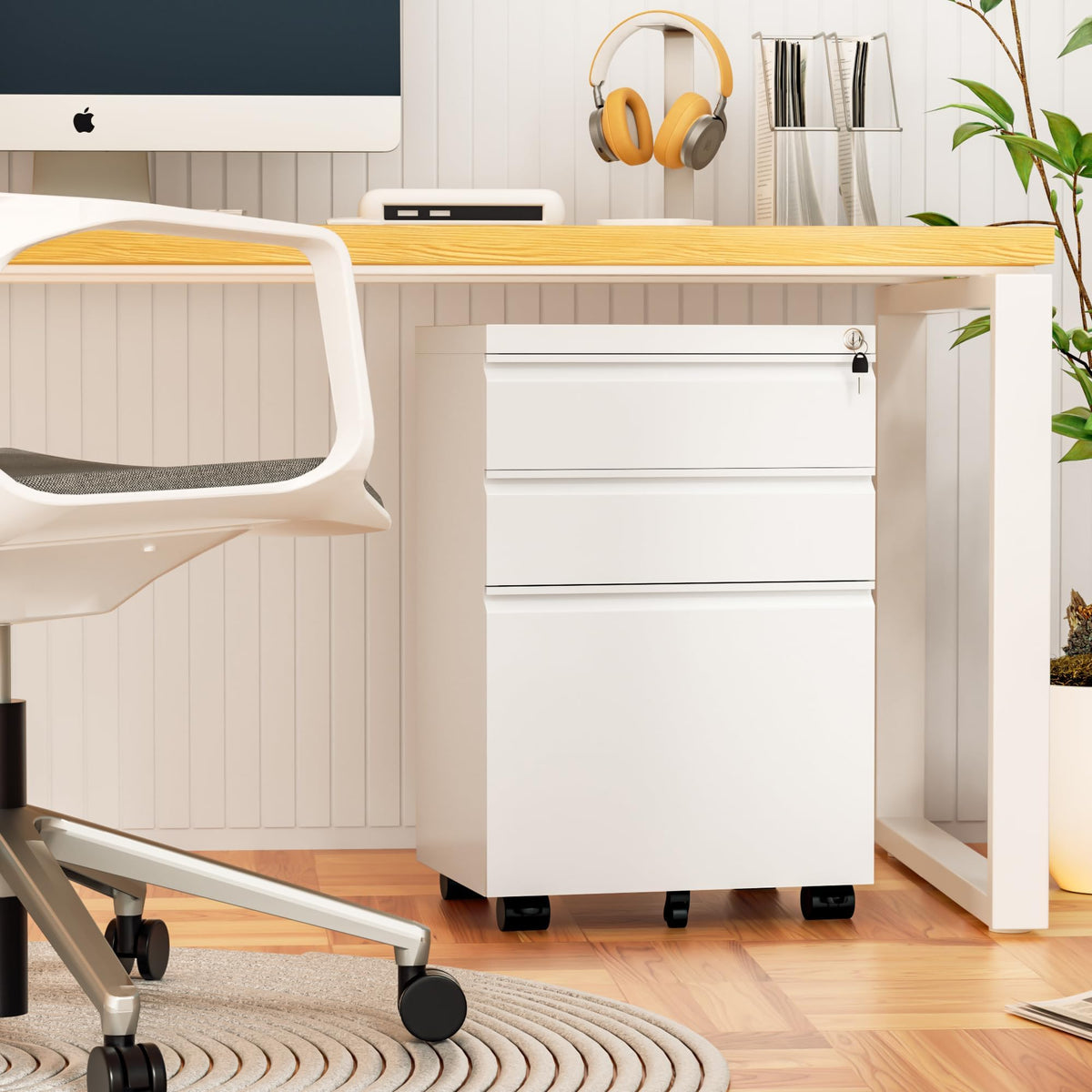 Fully Assembled 3 Drawer White Metal Rolling File Cabinet with Lock I1187