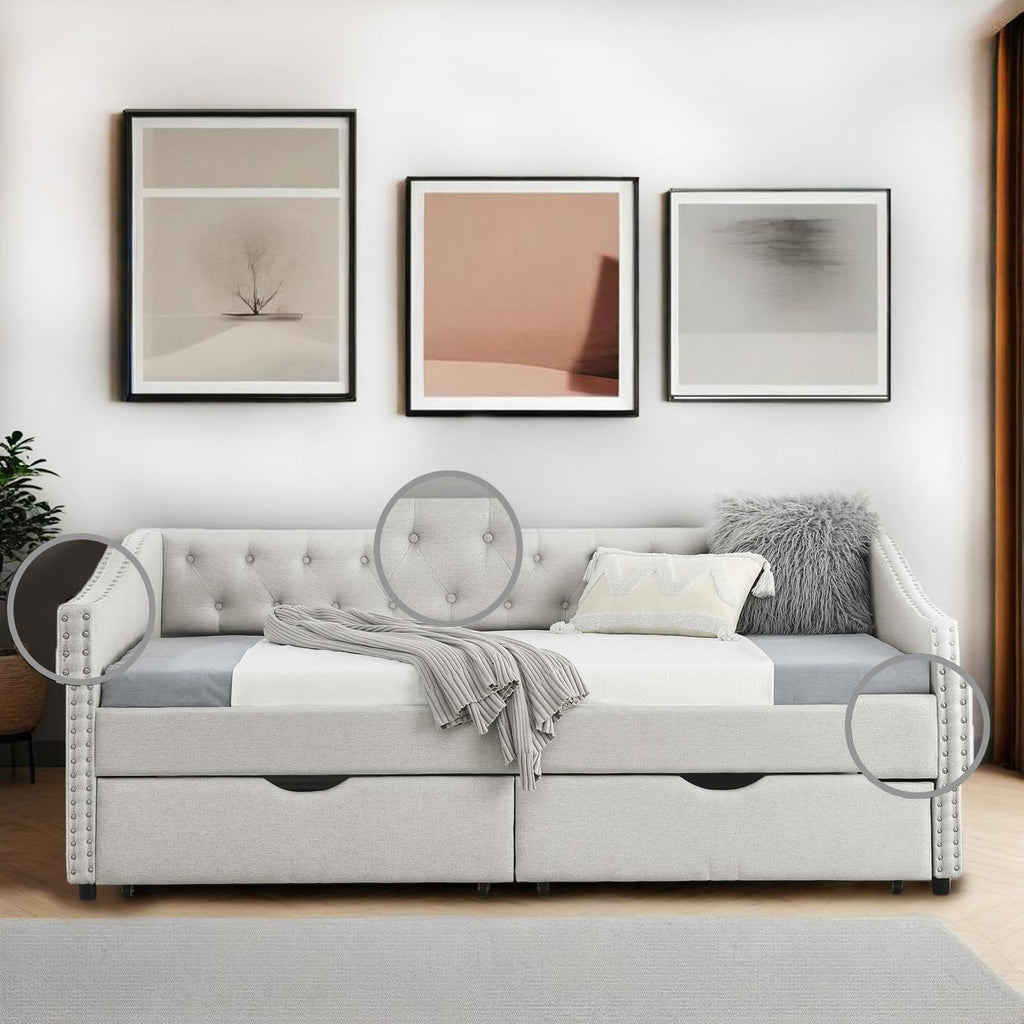 Twin Linen Upholstered Daybed with 2 Storage Drawers X739159