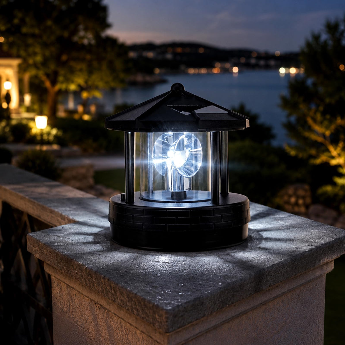 Solar Powered Rotating Lighthouse LED Light IP44 Waterproof Black X19095