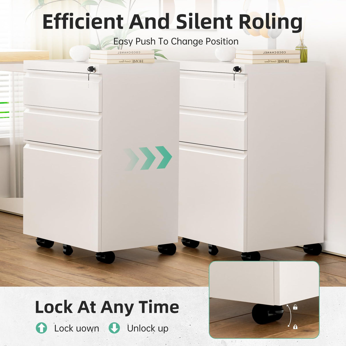 Fully Assembled 3 Drawer White Metal Rolling File Cabinet with Lock I1187