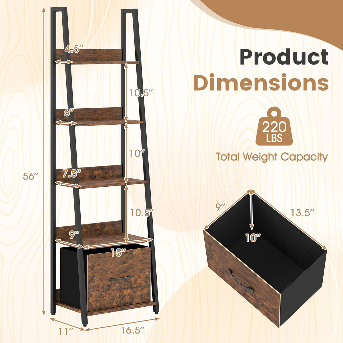 5-Tier Ladder Bookshelf Set of 2 Fabric Drawer P88010