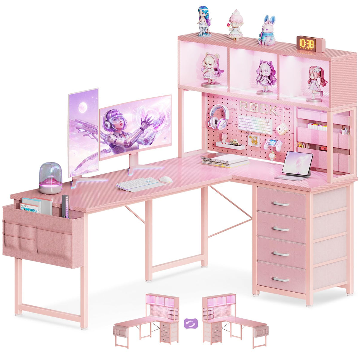 53" L Shaped Gaming Desk with Pegboard, Hutch & 4 Drawers, Pink Y634