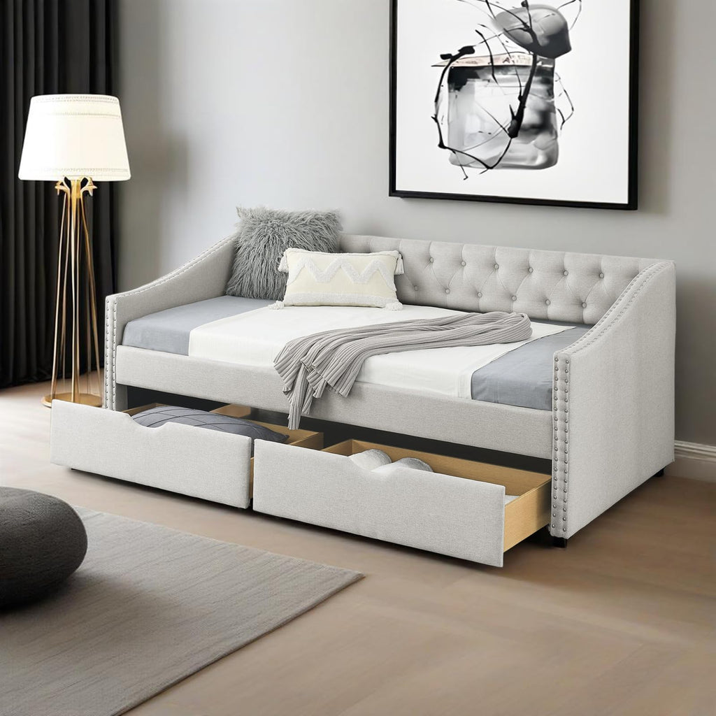 Twin Linen Upholstered Daybed with 2 Storage Drawers X739159