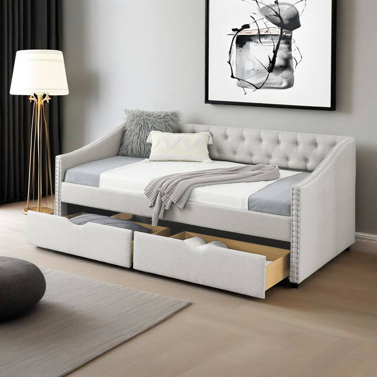Twin Linen Upholstered Daybed with 2 Storage Drawers X739159