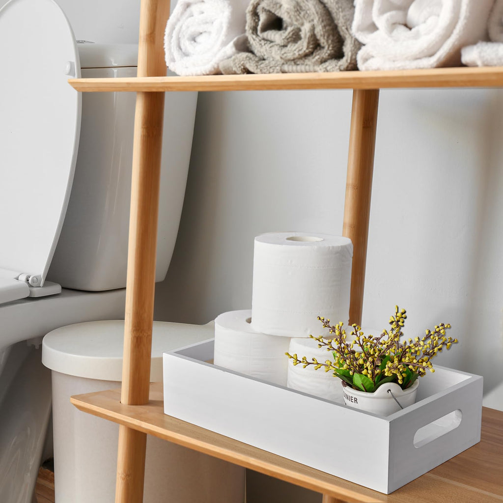 White Wooden Toilet Tank Paper Basket with Handle H635