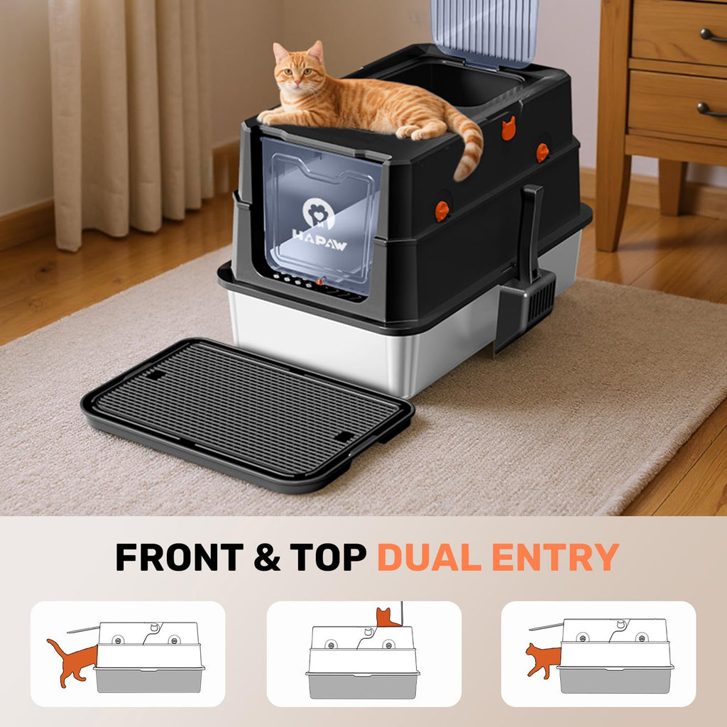 Stainless Steel Enclosed Litter Box with Lid, Scoop & Pedal, Black V620