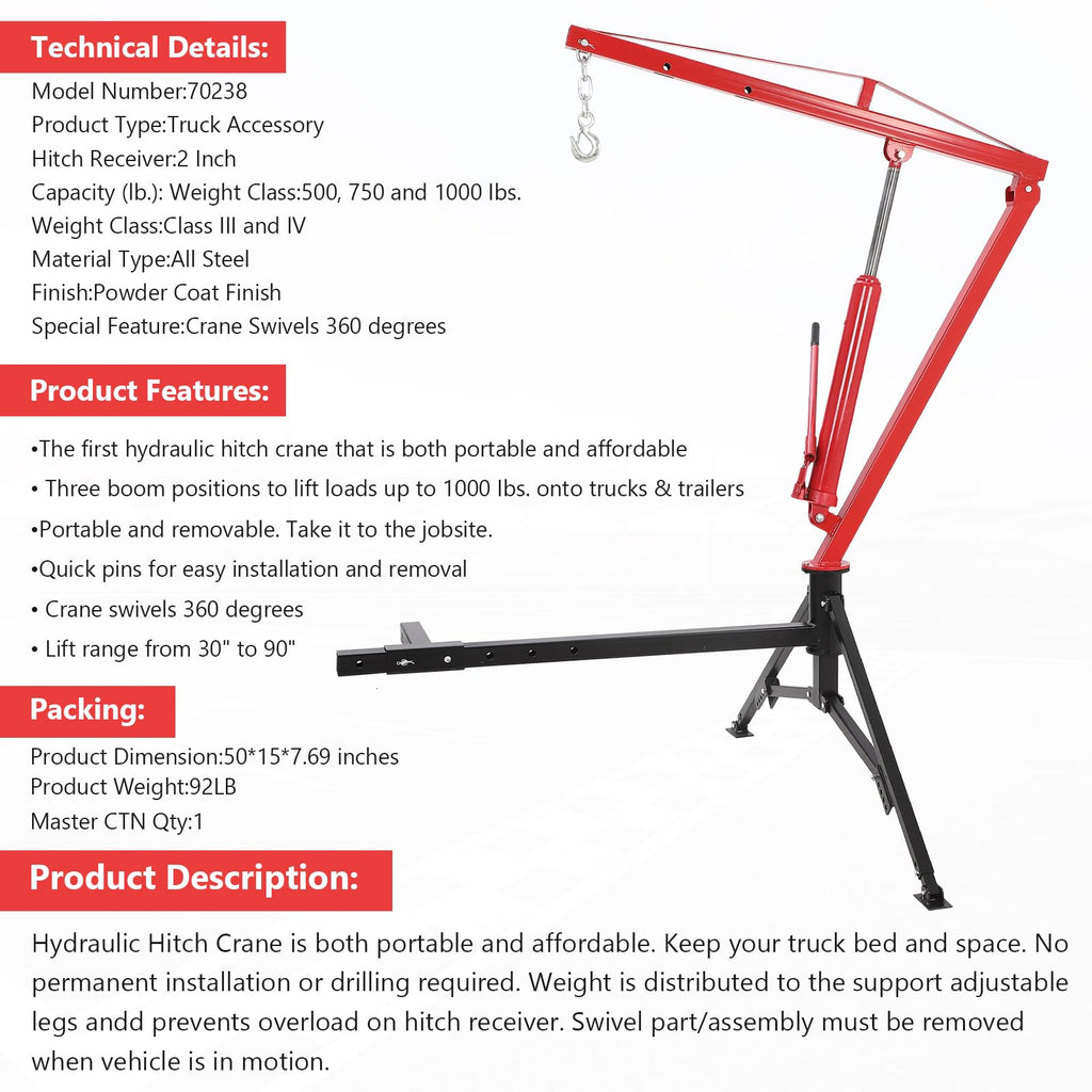 1000Lb Hydraulic Pickup Truck Crane with 360° Swivel K628