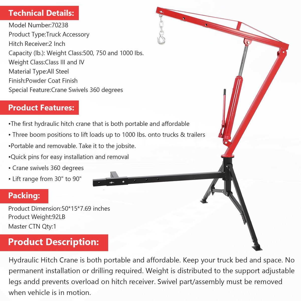 1000Lb Hydraulic Pickup Truck Crane with 360° Swivel K628