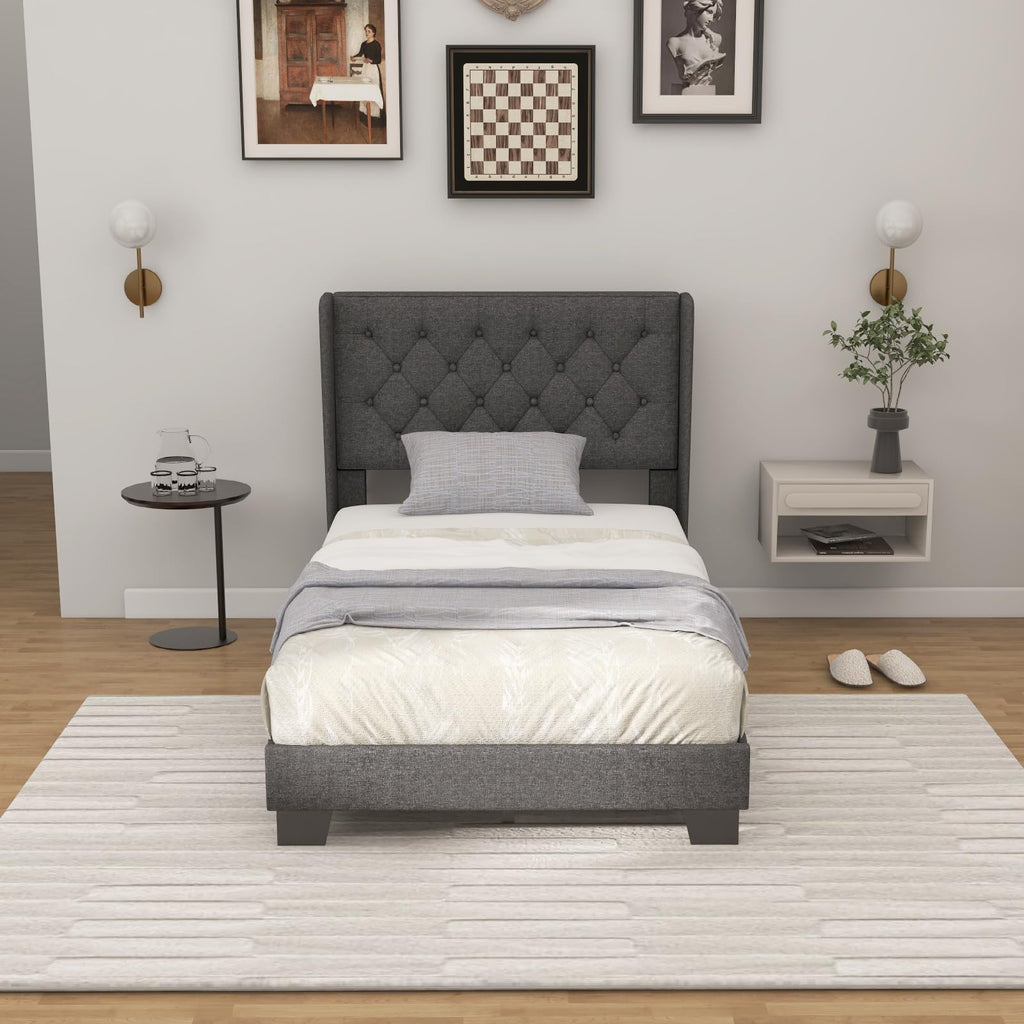 Twin Fabric Upholstered Platform Bed with Wingback Button Tufted Headboard L208