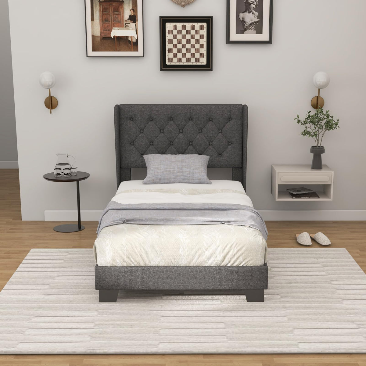 Twin Fabric Upholstered Platform Bed with Wingback Button Tufted Headboard L208