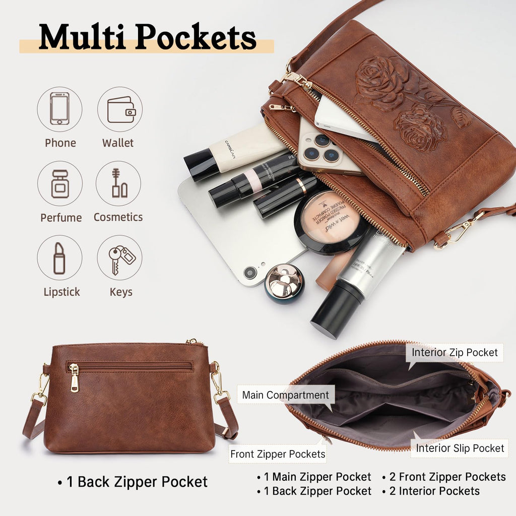 Floral Embossed Vegan Leather Crossbody Bag L526