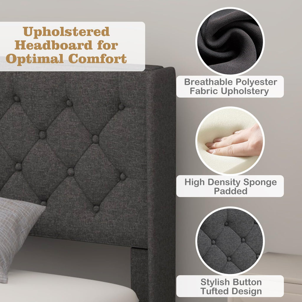 Twin Fabric Upholstered Platform Bed with Wingback Button Tufted Headboard L208