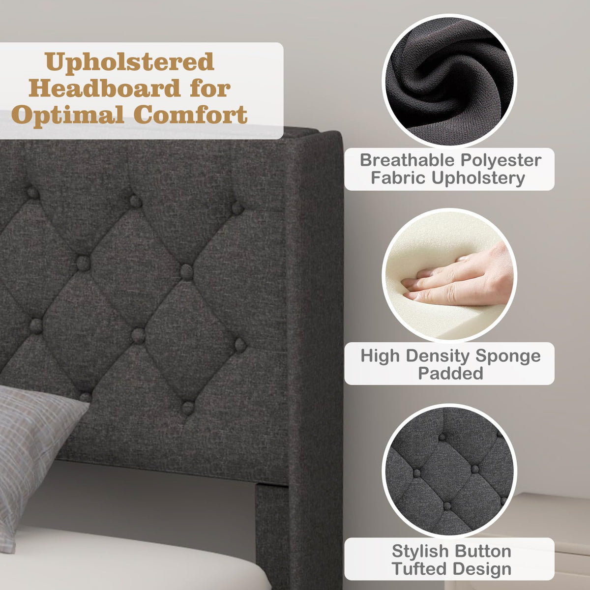 Twin Fabric Upholstered Platform Bed with Wingback Button Tufted Headboard L208