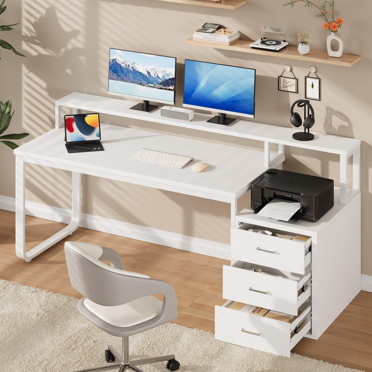 White Office Desk with 3 Drawers W420