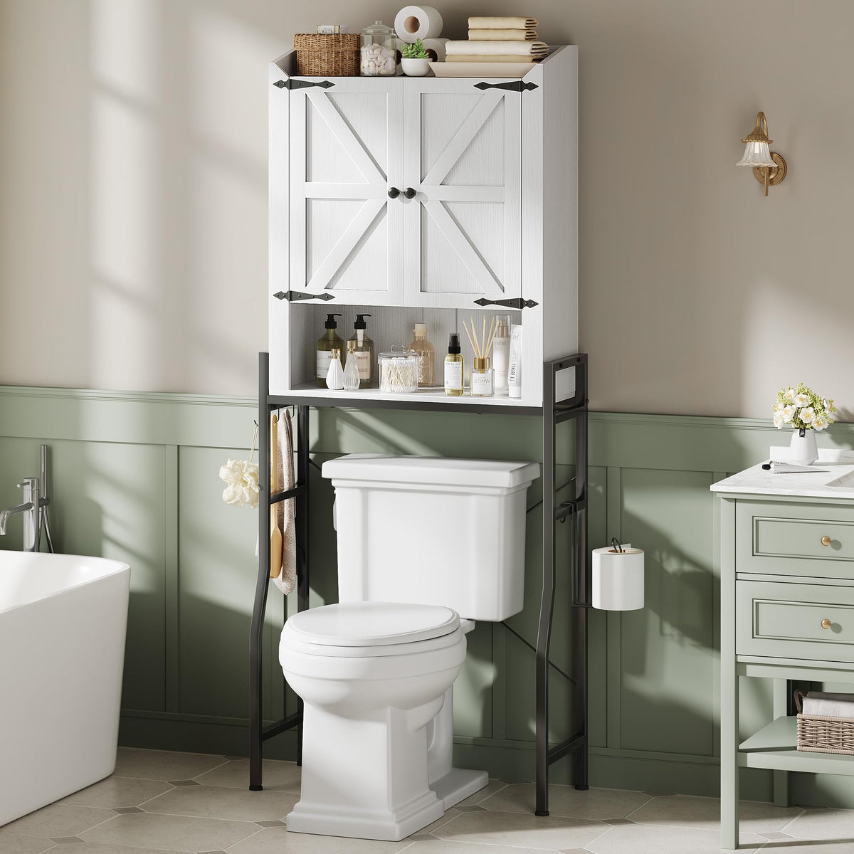 Over The Toilet Storage Cabinet with 2-Door & Metal Stand, White Y1526