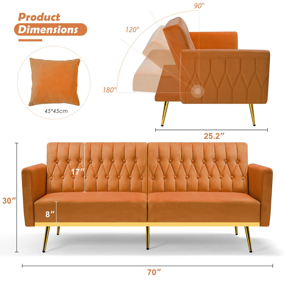 70" Velvet Futon with Adjustable Backrest and Armrests K78119