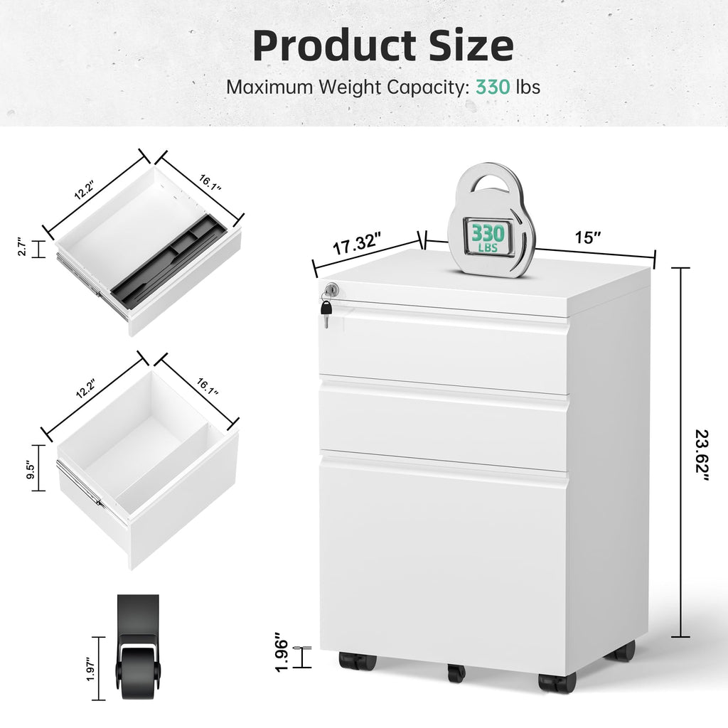 Fully Assembled 3 Drawer White Metal Rolling File Cabinet with Lock I1187