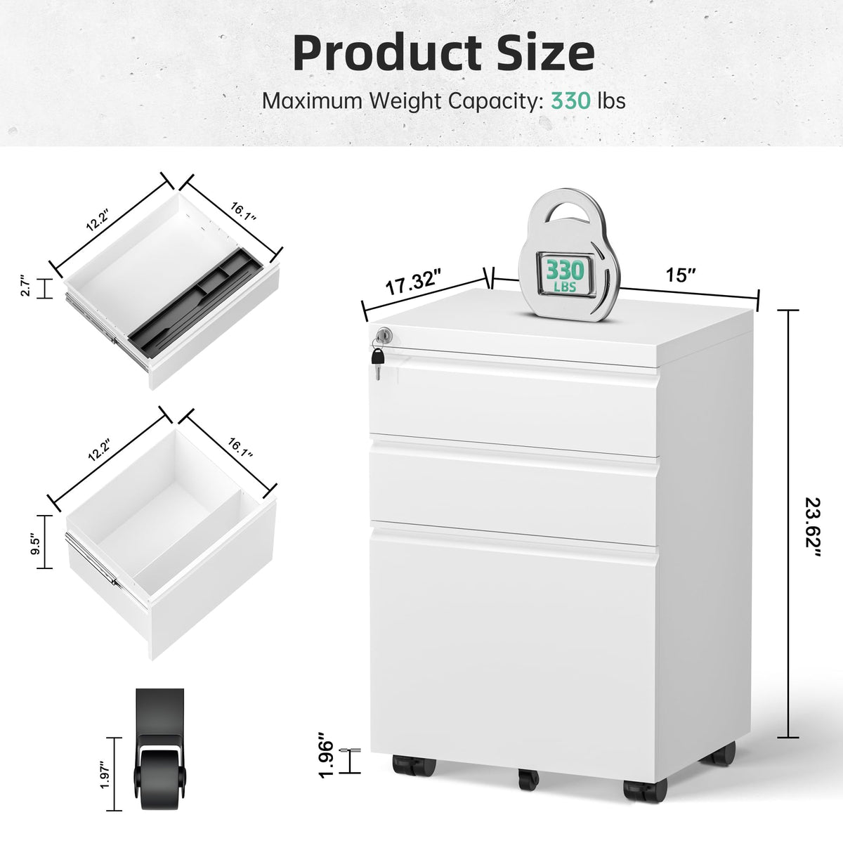 Fully Assembled 3 Drawer White Metal Rolling File Cabinet with Lock I1187