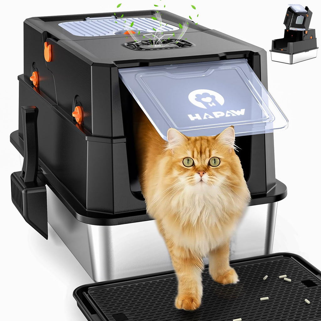 Stainless Steel Enclosed Litter Box with Lid, Scoop & Pedal, Black V620