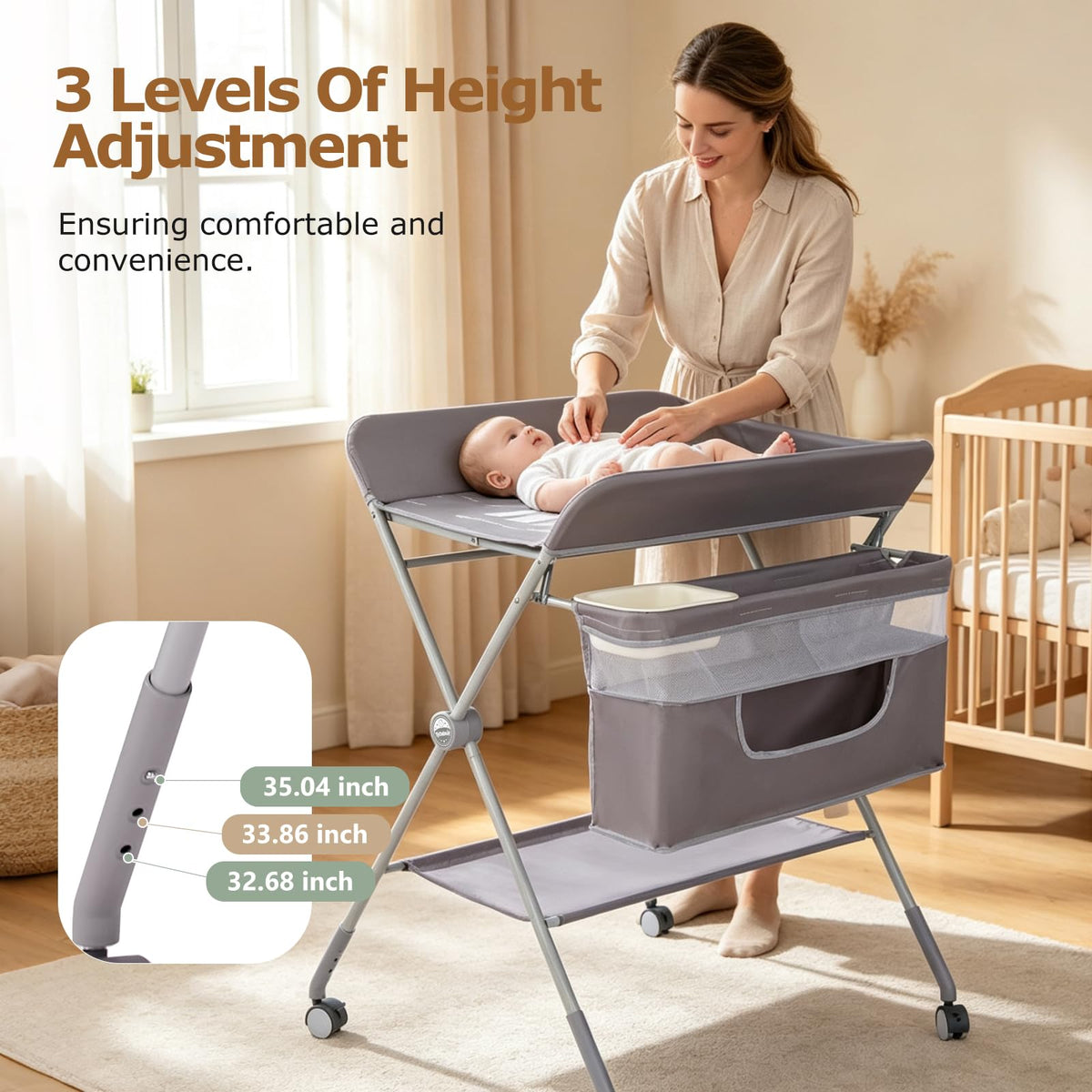 Baby Changing Table with Wheels, Portable Adjustable Folding Diaper Station with Storage J24820