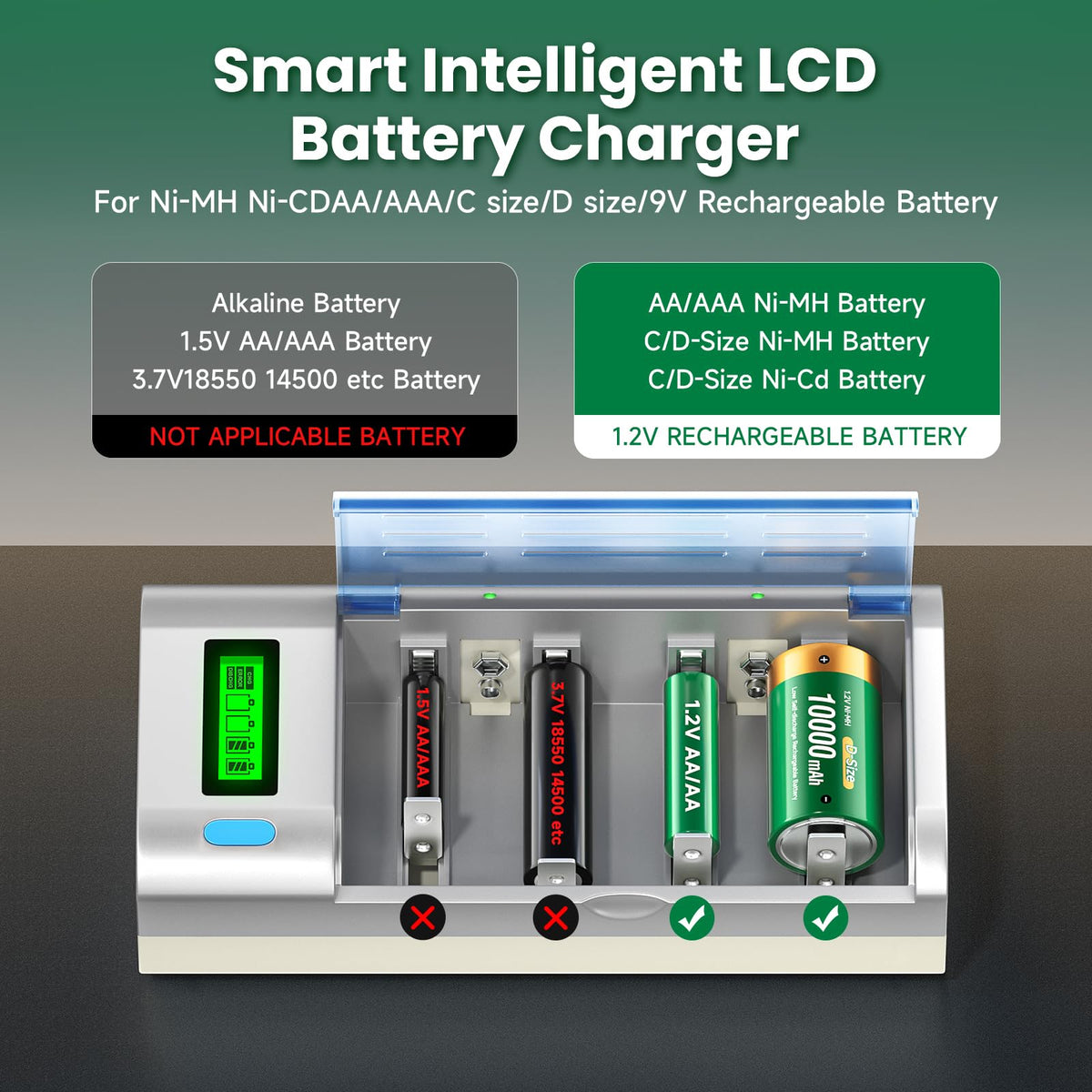 10000mAh Rechargeable D Batteries 6 Counts and Universal Battery Charger Y425369