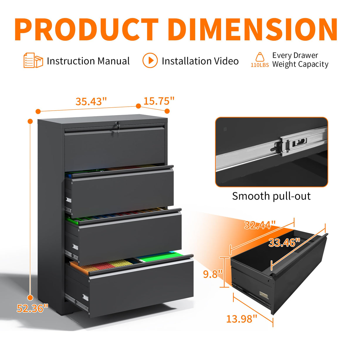 4 Drawer Black Metal File Cabinet with Lock I858878