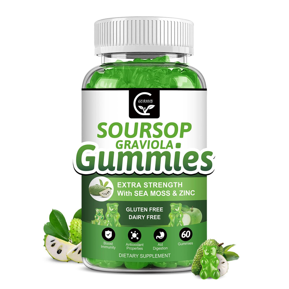Organic Soursop Graviola Gummies 2200mg with Sea Moss Zinc Vitamin C 60 Gummies F6411