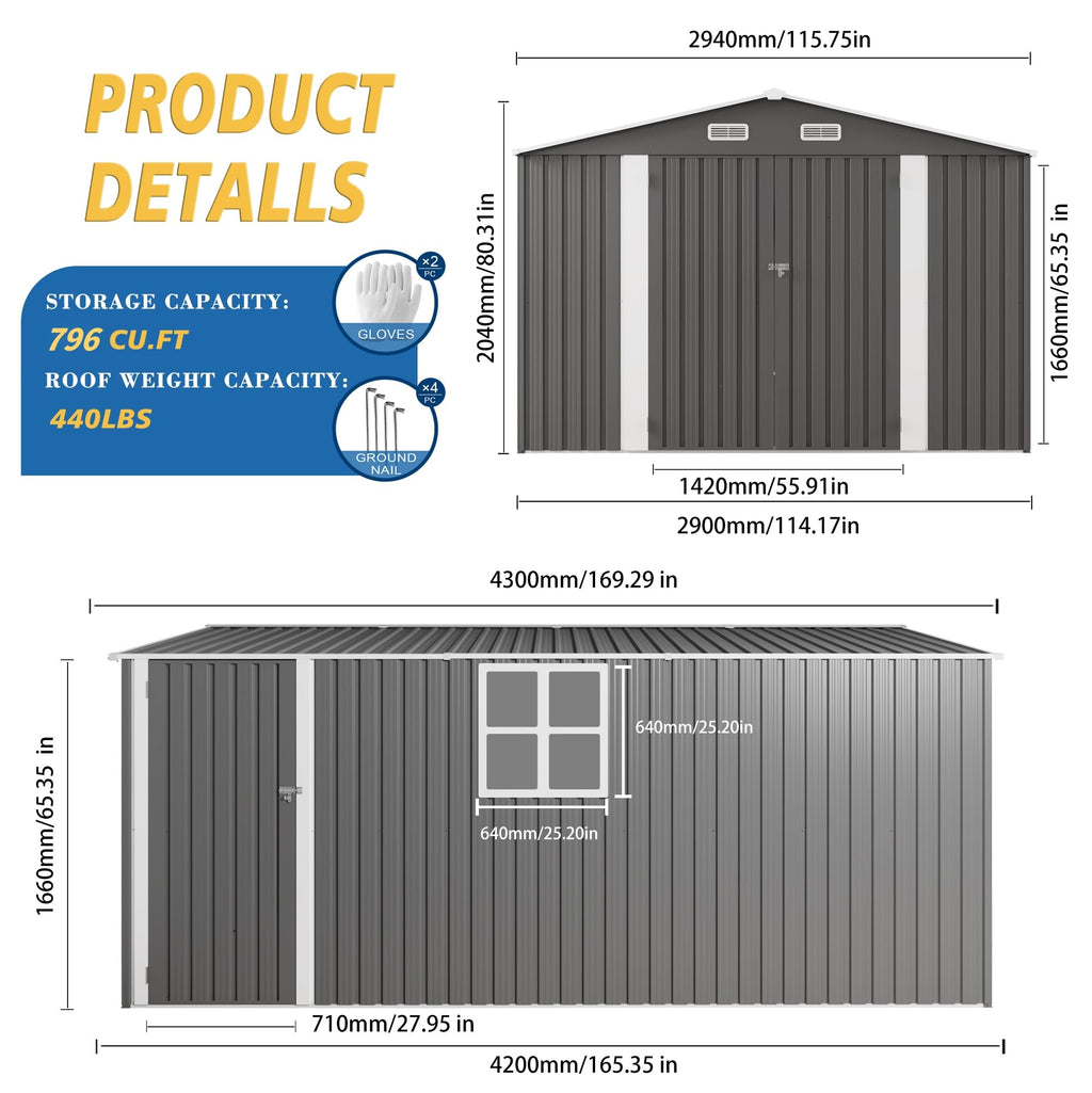 10x14x6.7FT Galvanized Steel Outdoor Storage Shed with Lockable Door & Window Z638761