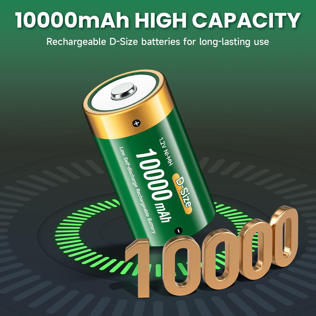 10000mAh Rechargeable D Batteries 6 Counts and Universal Battery Charger Y425369