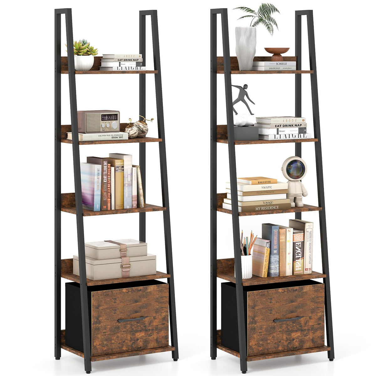 5-Tier Ladder Bookshelf Set of 2 Fabric Drawer P88010