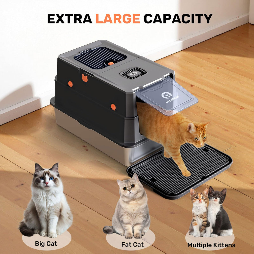 Stainless Steel Enclosed Litter Box with Lid, Scoop & Pedal, Black V620