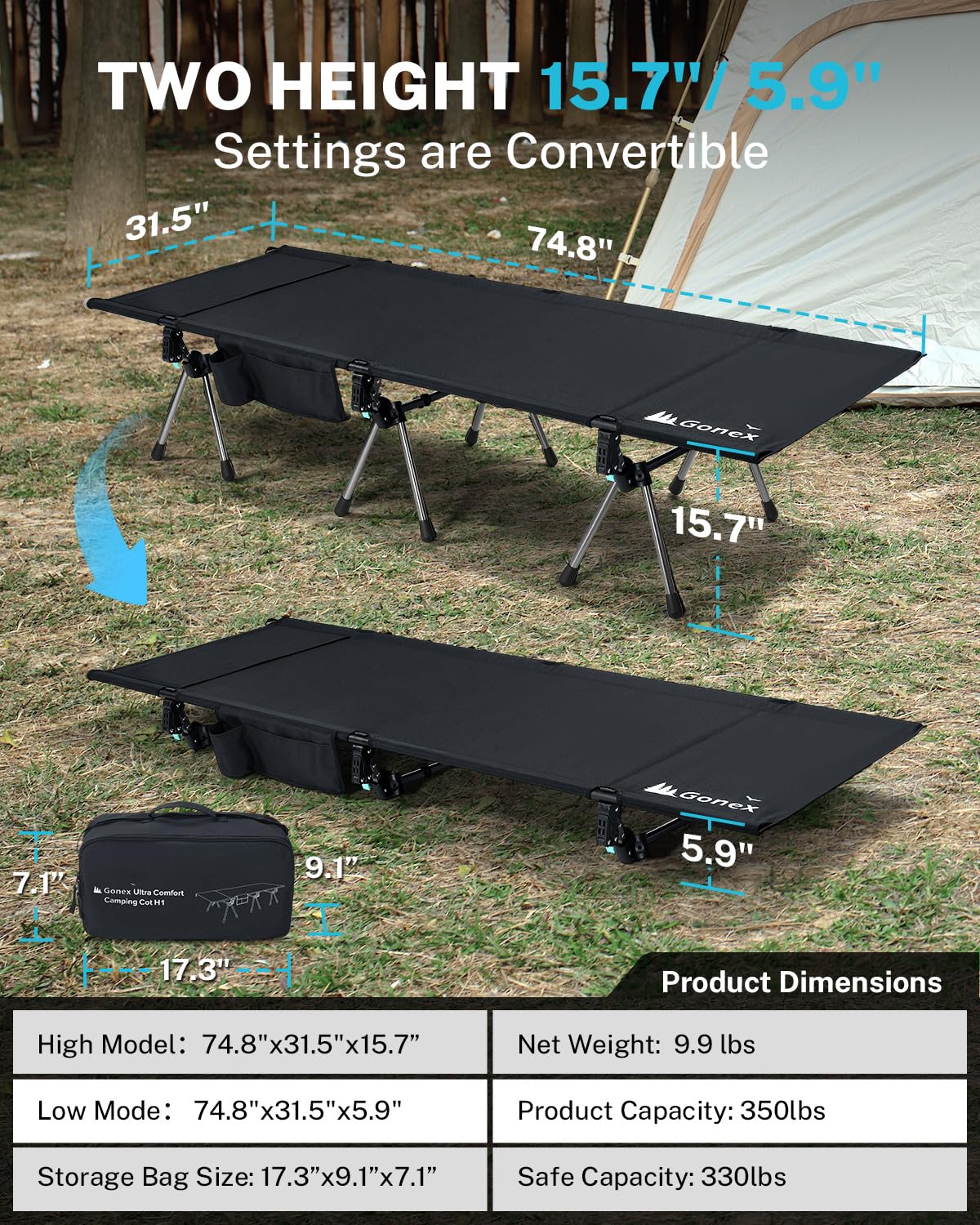 31" Adjustable Height Camping Cot Q8801