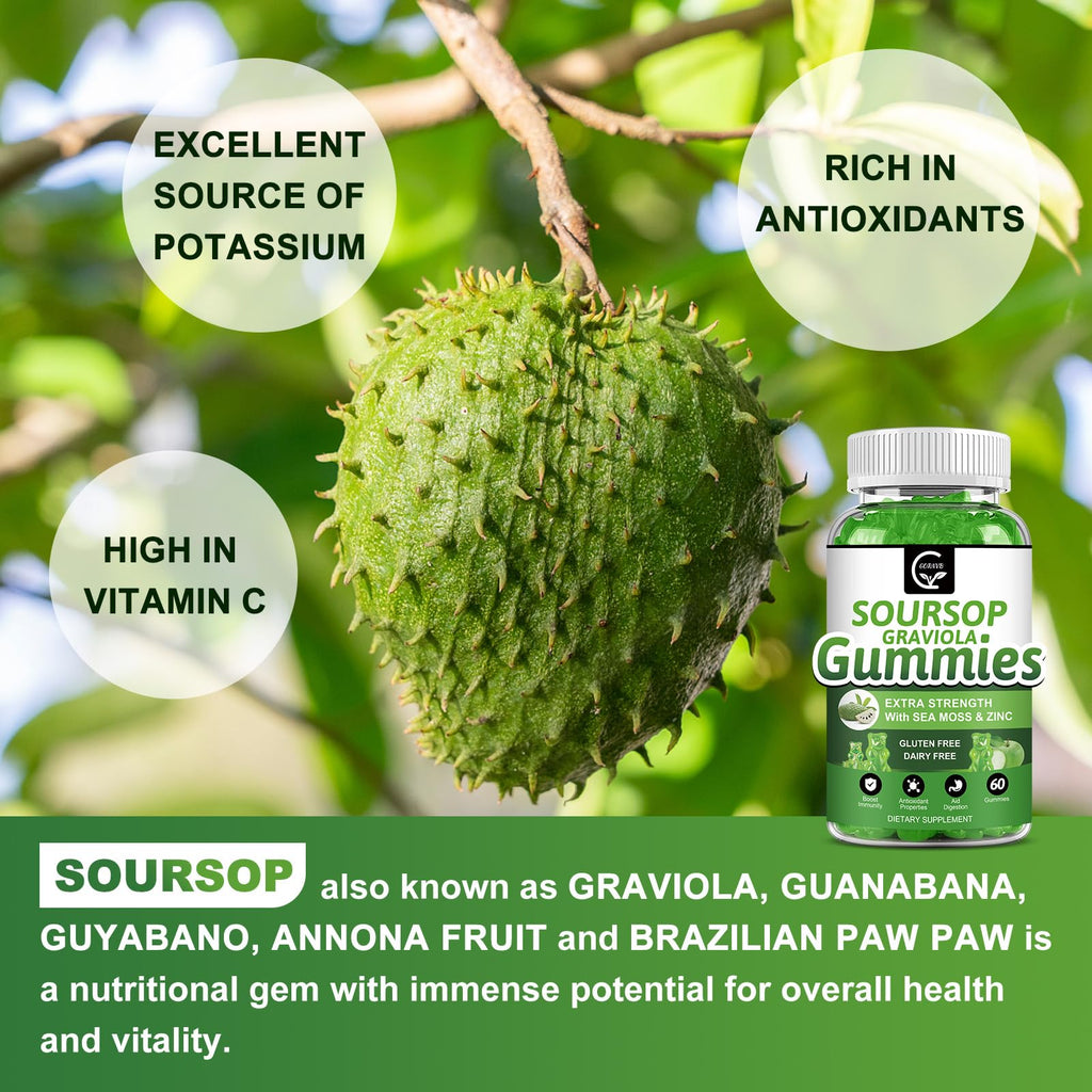 Organic Soursop Graviola Gummies 2200mg with Sea Moss Zinc Vitamin C 60 Gummies F6411