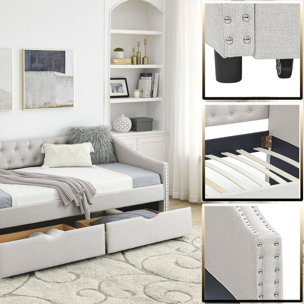Twin Linen Upholstered Daybed with 2 Storage Drawers X739159