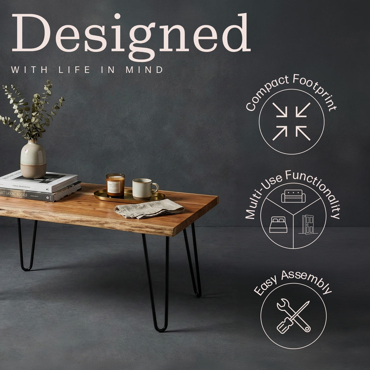 Solid Wood Coffee Table with Hairpin Metal Legs, 48 Inch X822