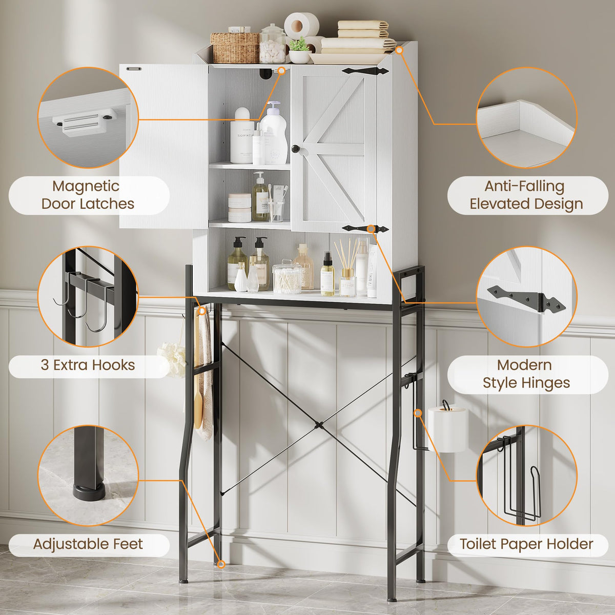 Over The Toilet Storage Cabinet with 2-Door & Metal Stand, White Y1526