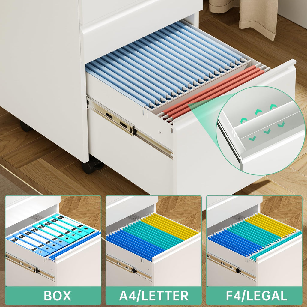 Fully Assembled 3 Drawer White Metal Rolling File Cabinet with Lock I1187