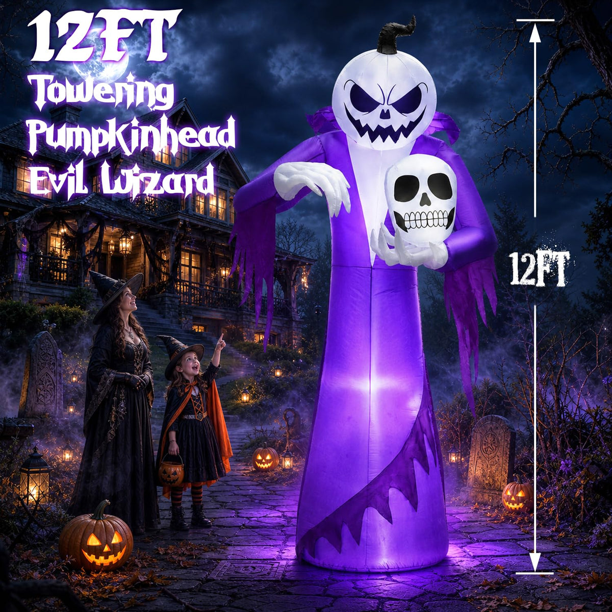 12FT Halloween Inflatables Outdoor Pumpkin Ghost Wizard S506