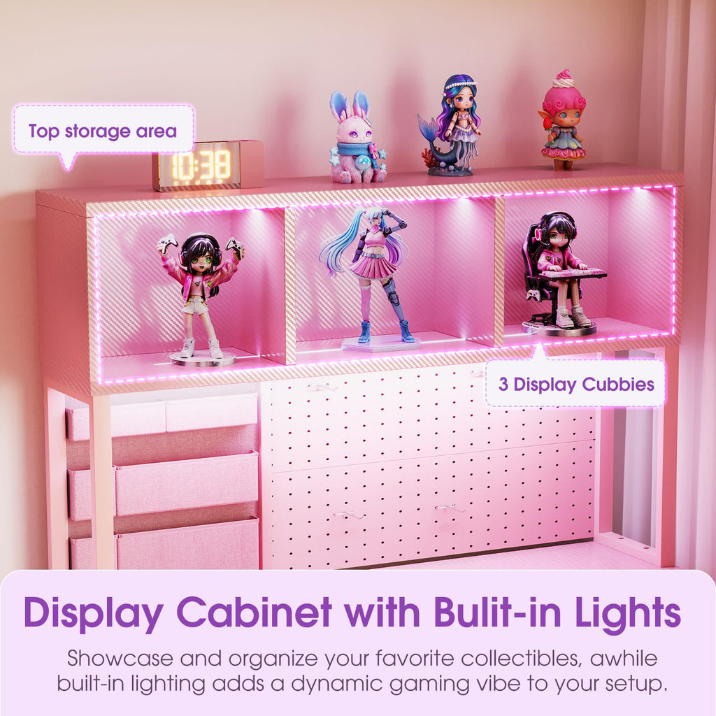 53" L Shaped Gaming Desk with Pegboard, Hutch & 4 Drawers, Pink Y634