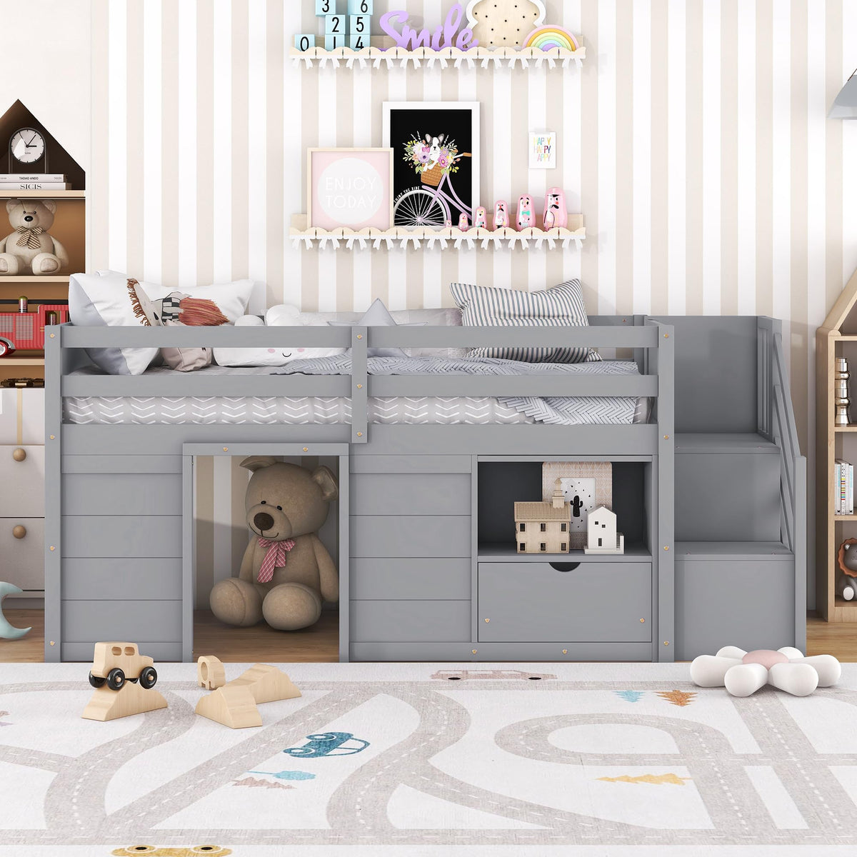 Twin Size Wood Loft Bed with Storage A6651
