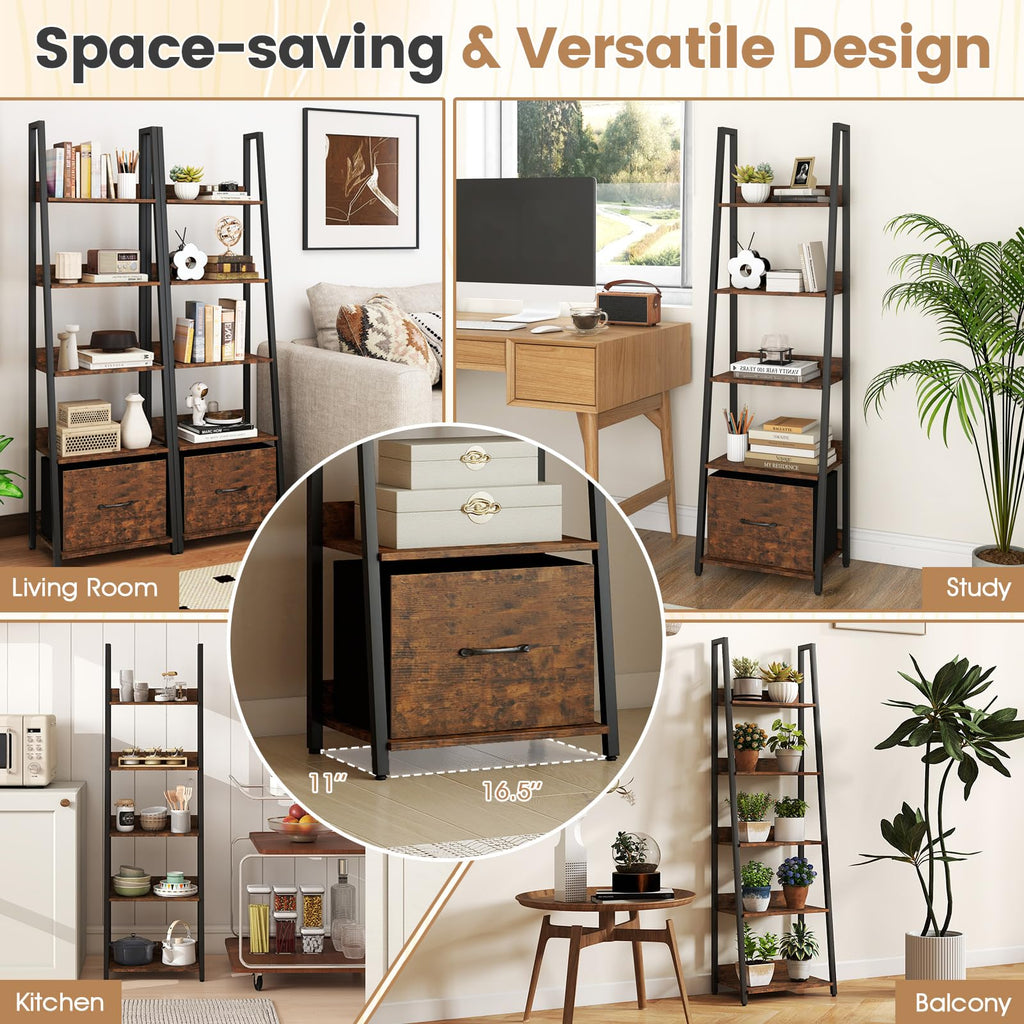 5-Tier Ladder Bookshelf Set of 2 Fabric Drawer P88010