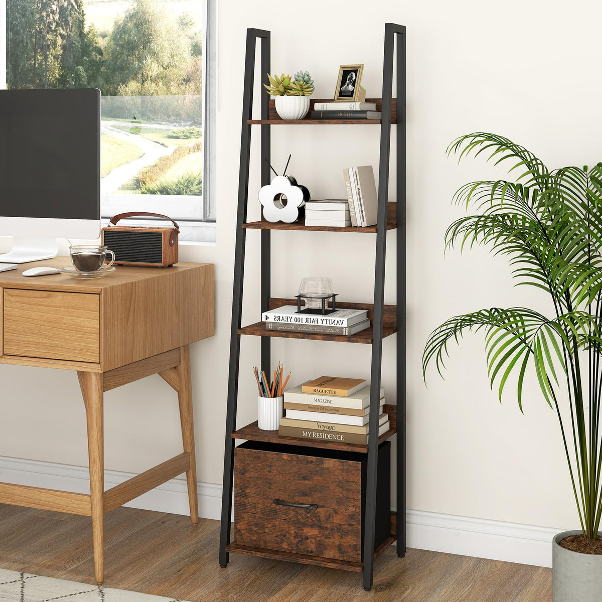 5-Tier Ladder Bookshelf Set of 2 Fabric Drawer P88010