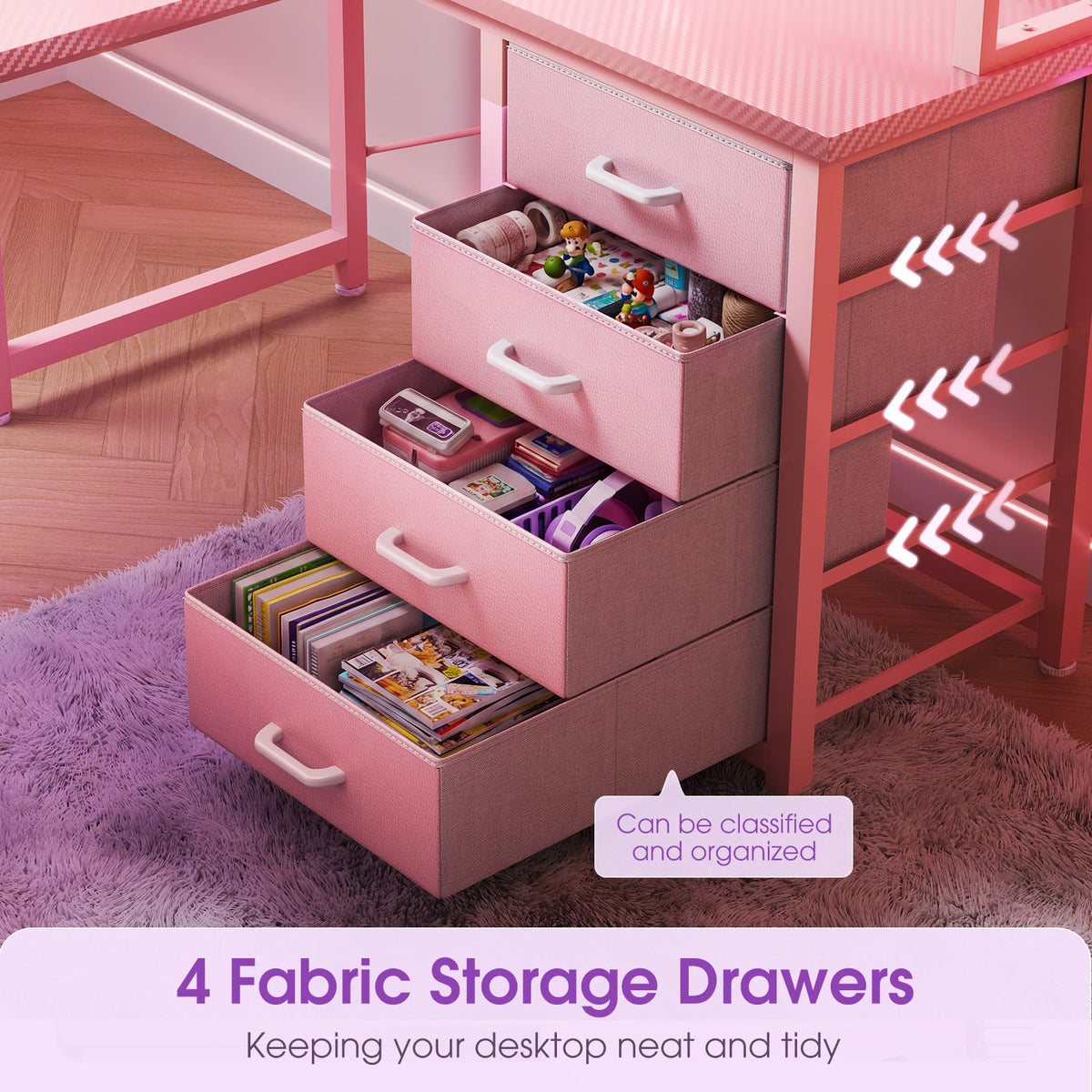 53" L Shaped Gaming Desk with Pegboard, Hutch & 4 Drawers, Pink Y634