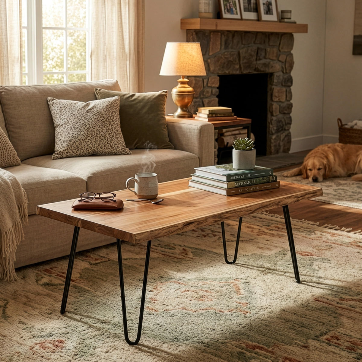 Solid Wood Coffee Table with Hairpin Metal Legs, 48 Inch X822