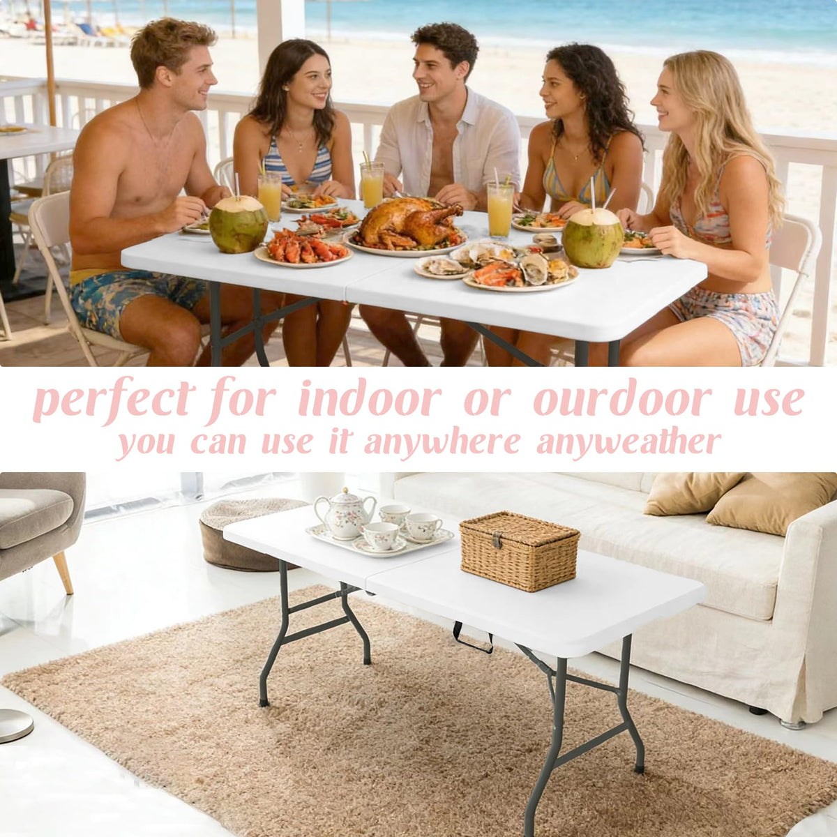 2 Pack 6 Feet Portable Folding Table White Plastic I312344