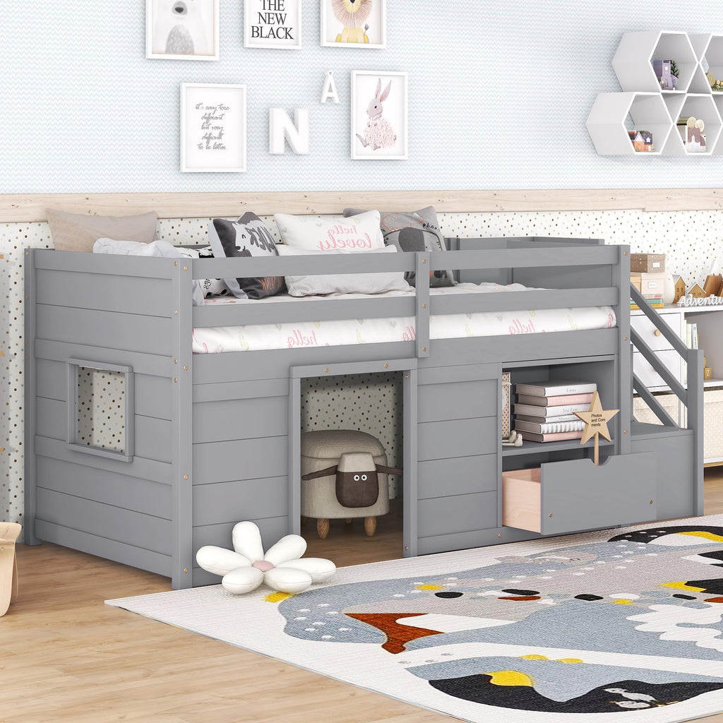 Twin Size Wood Loft Bed with Storage A6651