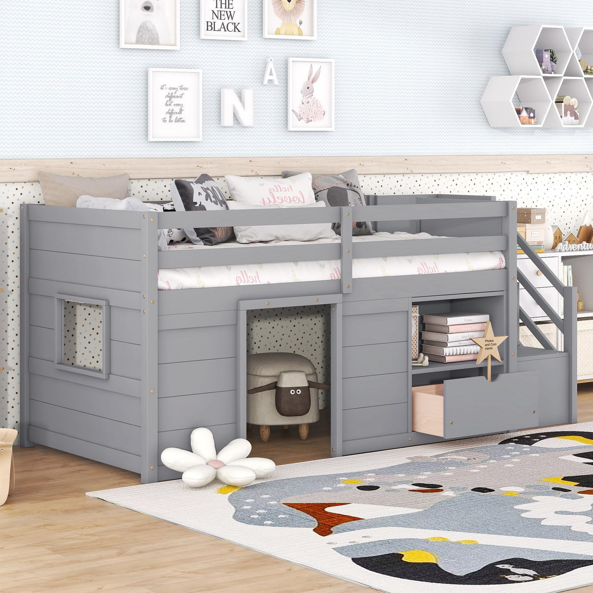 Twin Size Wood Loft Bed with Storage A6651