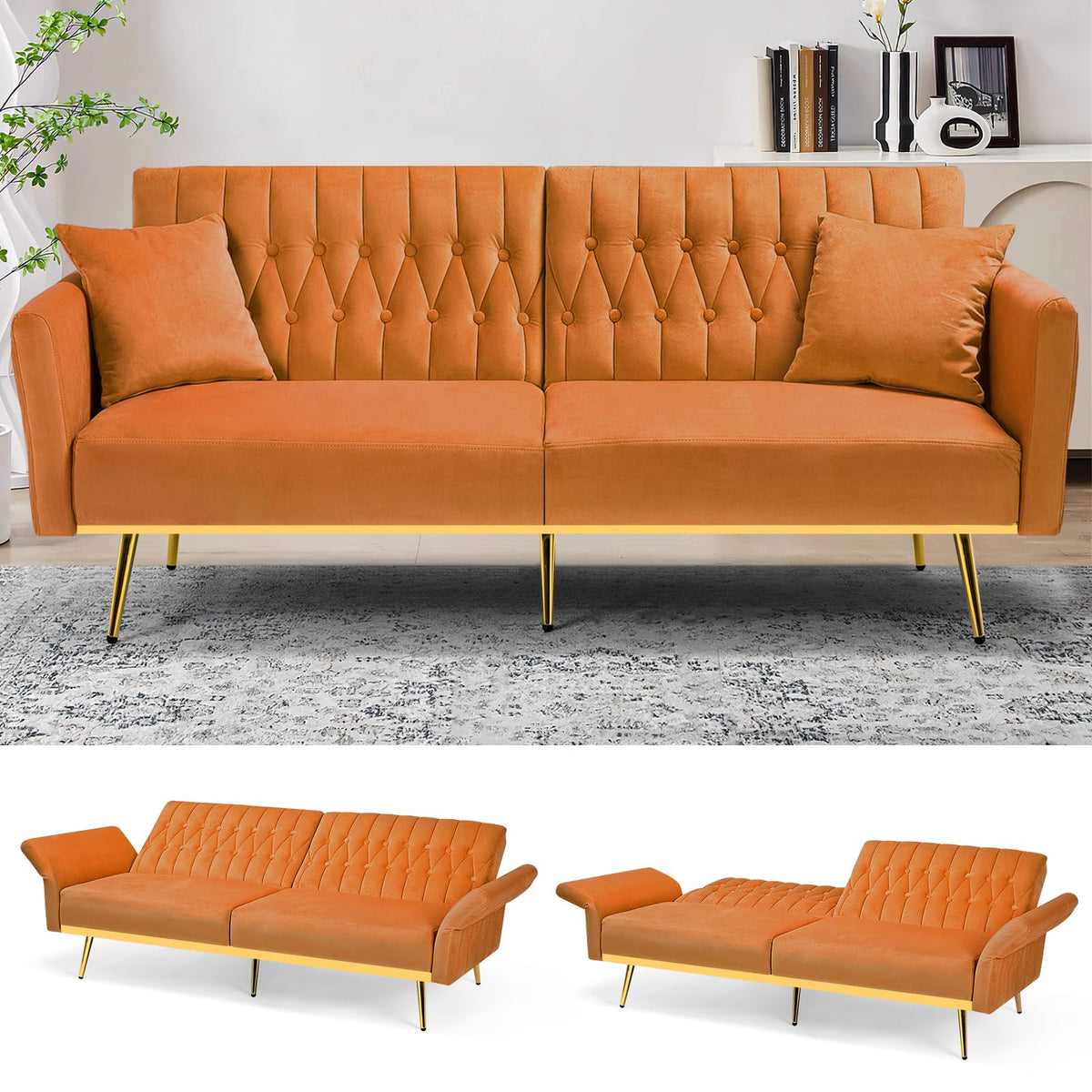 70" Velvet Futon with Adjustable Backrest and Armrests K78119