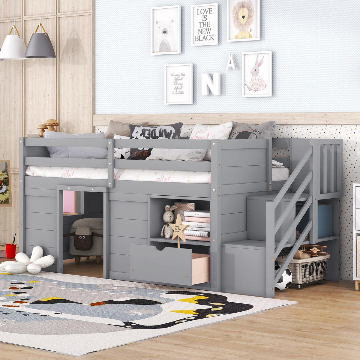 Twin Size Wood Loft Bed with Storage A6651